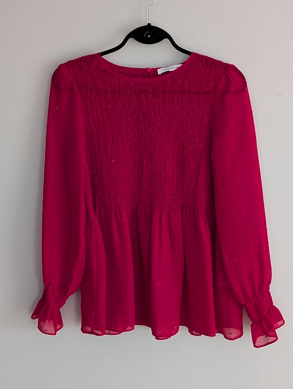 Rose + Olive Red Metallic Clip Dot Smocked Chiffon Peplum Blouse - Size S